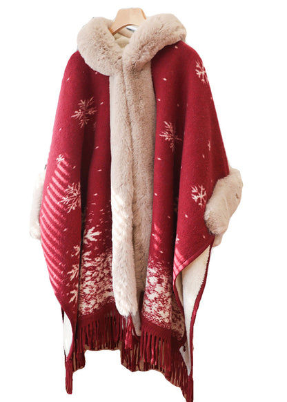 Italian Red Tassel Print Fur Collar Warm Fleece Cape Winter WO020 HS-CTS241109