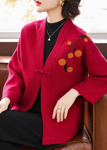 Italian Red V Neck Pockets Cotton Knit Cardigans Bracelet Sleeve TA021