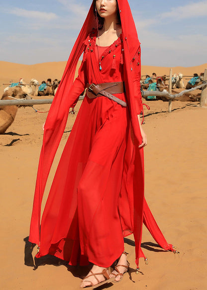 Maxi Dress Fall Tasseled V Chiffon Neck Italian Red Bead Nail FashionChic