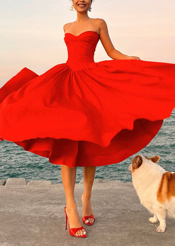 Cotton Patchwork Strapless Italian Wrinkled Summer Red Dress FashionChic