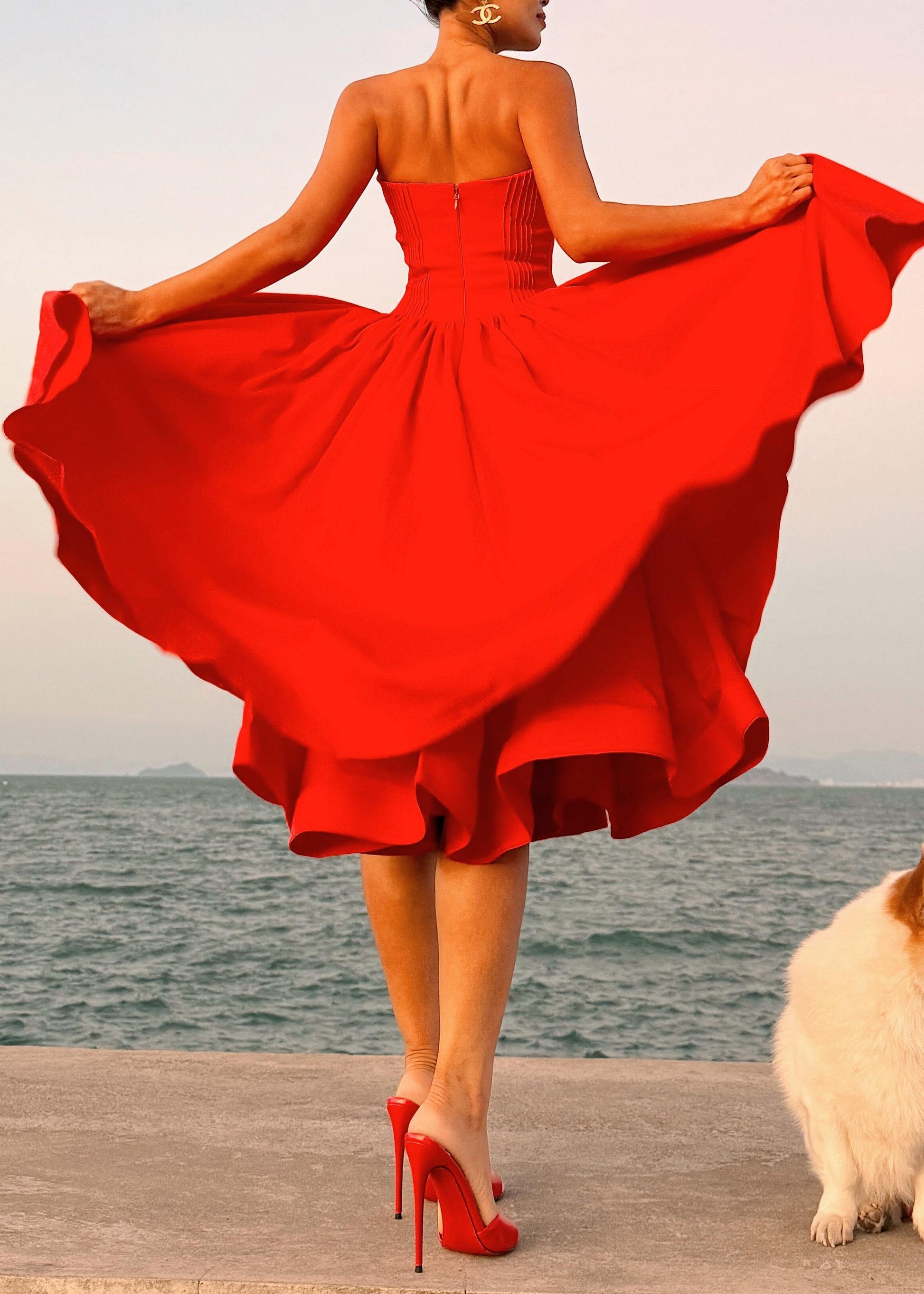 Cotton Patchwork Strapless Italian Wrinkled Summer Red Dress FashionChic