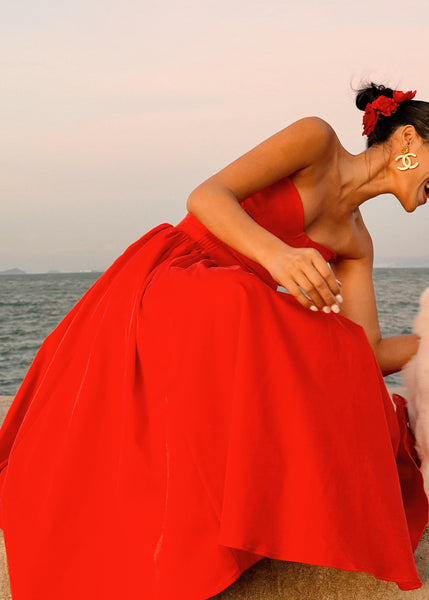 Cotton Patchwork Strapless Italian Wrinkled Summer Red Dress FashionChic