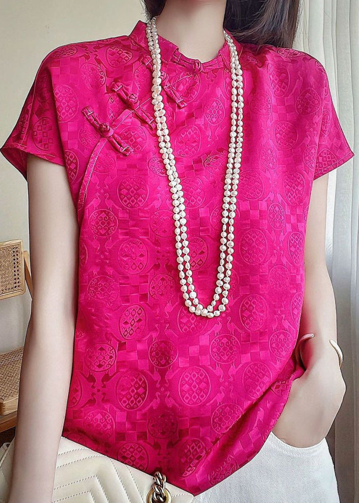 Italian Rose Button Print Silk T Shirts Short Sleeve Ada Fashion