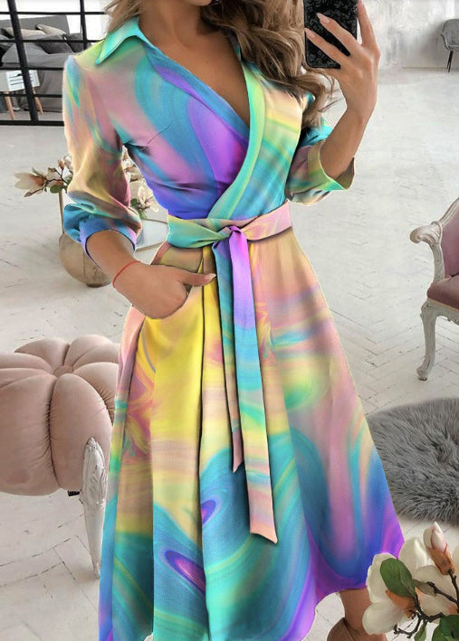 Italian Tie Dye Peter Pan Collar Tie Waist Cotton Dress Fall QR002 BB-ZS-WM-FDL240929