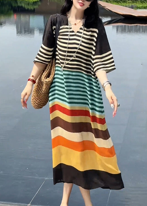 V Striped Neck Italian Silk Dress Summer Rainbow FashionChic