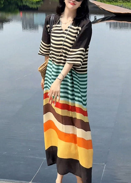 V Striped Neck Italian Silk Dress Summer Rainbow FashionChic