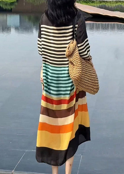 V Striped Neck Italian Silk Dress Summer Rainbow FashionChic