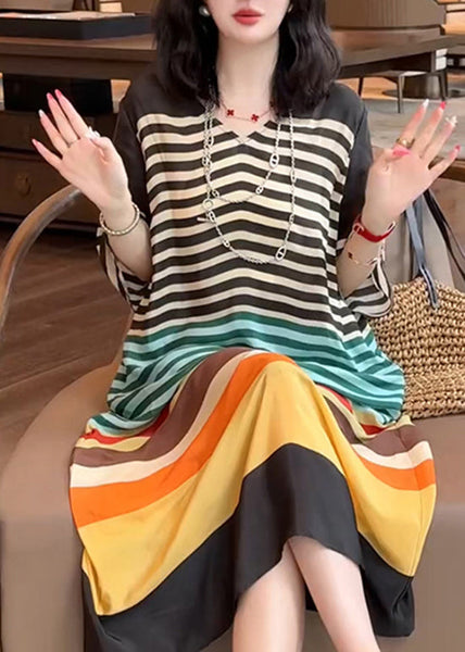 V Striped Neck Italian Silk Dress Summer Rainbow FashionChic