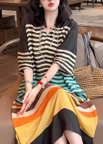 V Striped Neck Italian Silk Dress Summer Rainbow FashionChic