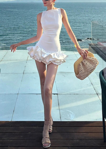 Italian Dress Solid Backless Sleeveless Cotton White Party FashionChic