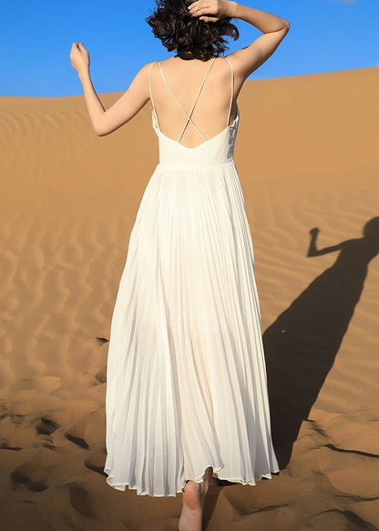 Wrinkled Backless White Dress Spaghetti Italian Chiffon Strap FashionChic