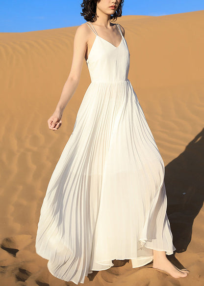 Wrinkled Backless White Dress Spaghetti Italian Chiffon Strap FashionChic