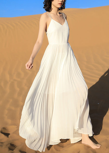 Wrinkled Backless White Dress Spaghetti Italian Chiffon Strap FashionChic
