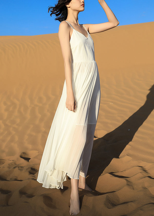 Wrinkled Backless White Dress Spaghetti Italian Chiffon Strap FashionChic