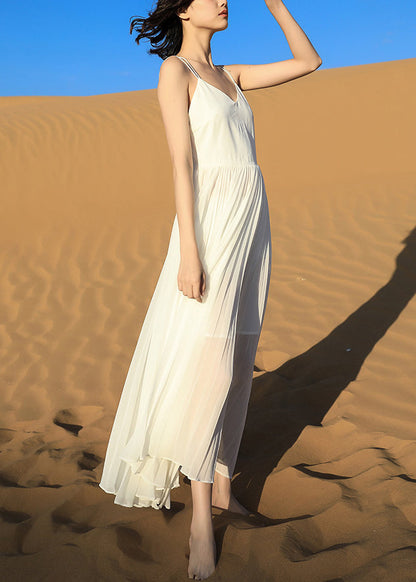 Wrinkled Backless White Dress Spaghetti Italian Chiffon Strap FashionChic