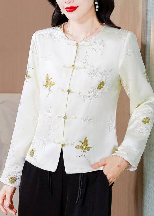 Italian White Embroidered Button Silk Coat Fall QO008 MZF-CTS241008