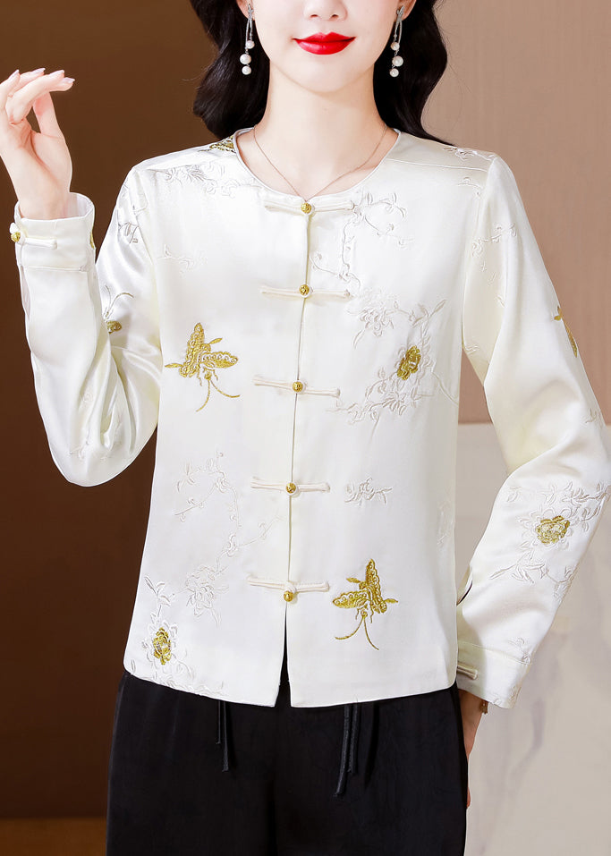 Italian White Embroidered Button Silk Coat Fall QO008 MZF-CTS241008