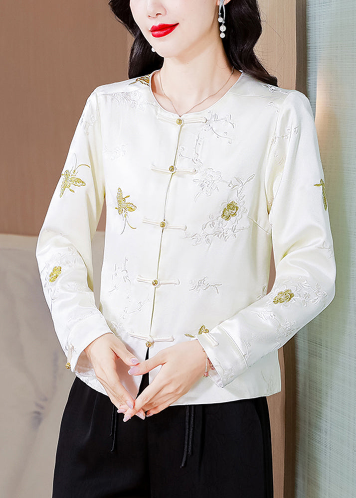 Italian White Embroidered Button Silk Coat Fall QO008 MZF-CTS241008
