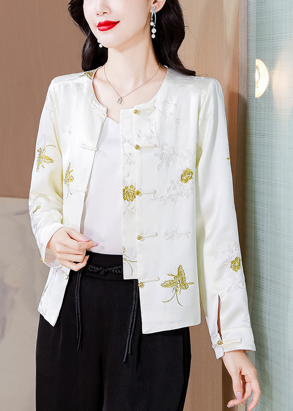 Italian White Embroidered Button Silk Coat Fall QO008 MZF-CTS241008