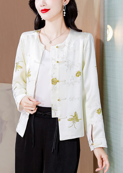 Italian White Embroidered Button Silk Coat Fall QO008 MZF-CTS241008