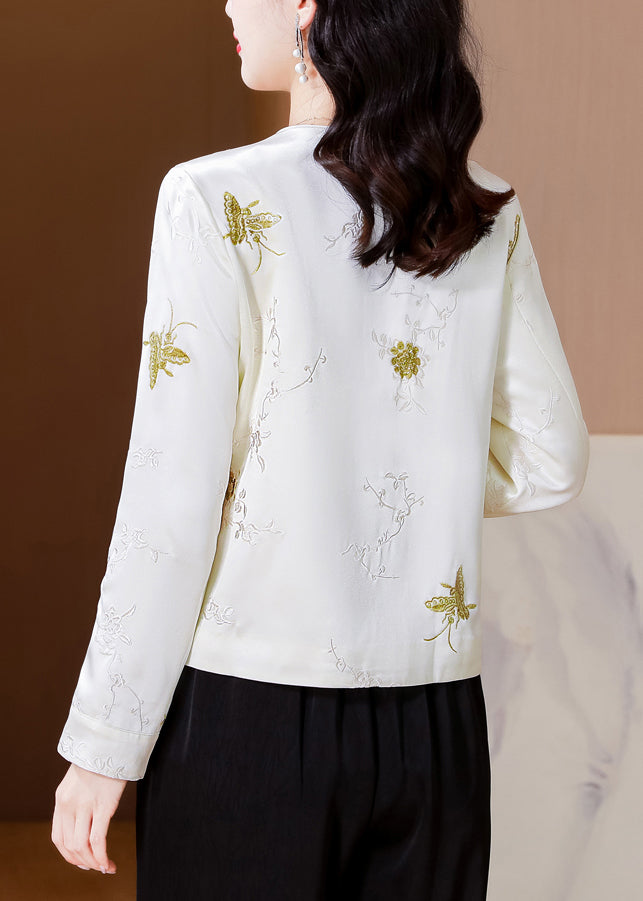 Italian White Embroidered Button Silk Coat Fall QO008 MZF-CTS241008