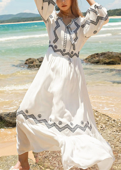 Italian Embroidered Up White Fall Lace Dresses Cotton Long FashionChic