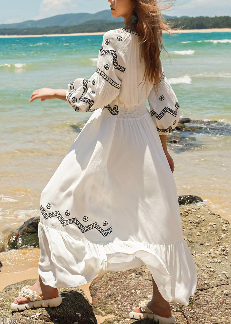 Italian Embroidered Up White Fall Lace Dresses Cotton Long FashionChic