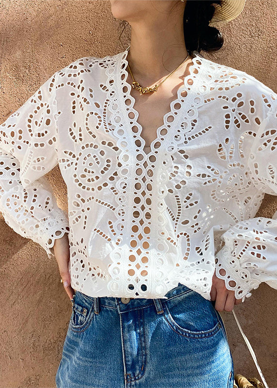 Cotton Hollow Out White Spring Italian Shirts FashionChic