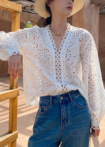 Cotton Hollow Out White Spring Italian Shirts FashionChic