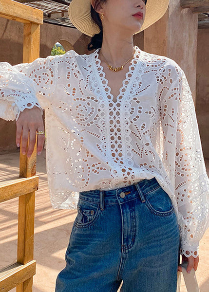 Cotton Hollow Out White Spring Italian Shirts FashionChic