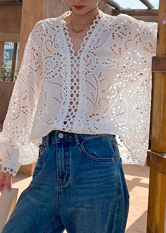 Cotton Hollow Out White Spring Italian Shirts FashionChic
