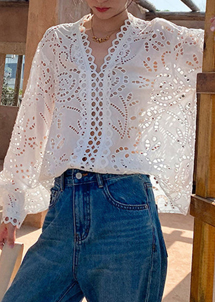 Cotton Hollow Out White Spring Italian Shirts FashionChic