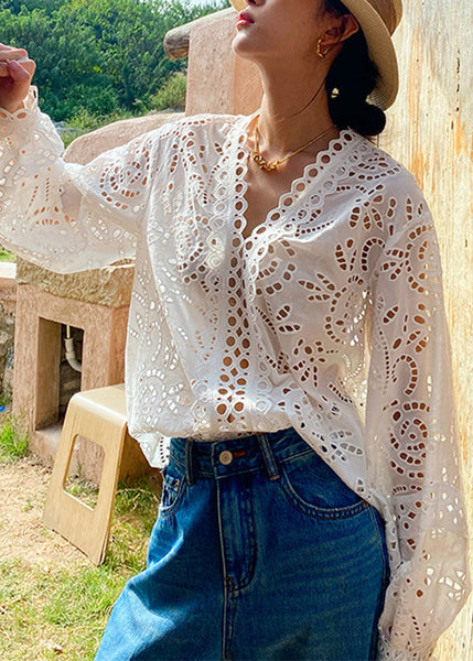 Cotton Hollow Out White Spring Italian Shirts FashionChic