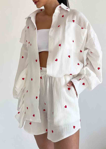 Pajamas Set White Pieces Love Italian Ruffled Cotton Two Print FashionChic