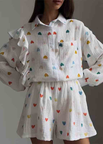 Pajamas Set White Pieces Love Italian Ruffled Cotton Two Print FashionChic