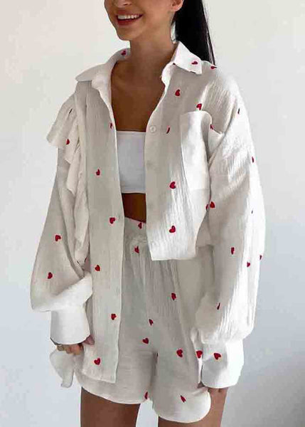 Pajamas Set White Pieces Love Italian Ruffled Cotton Two Print FashionChic