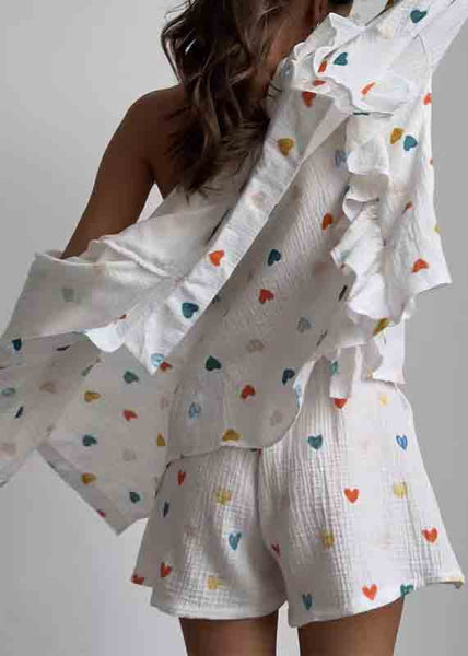 Pajamas Set White Pieces Love Italian Ruffled Cotton Two Print FashionChic