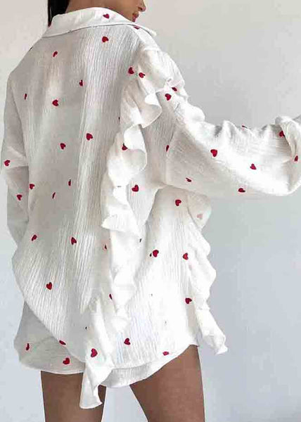 Pajamas Set White Pieces Love Italian Ruffled Cotton Two Print FashionChic