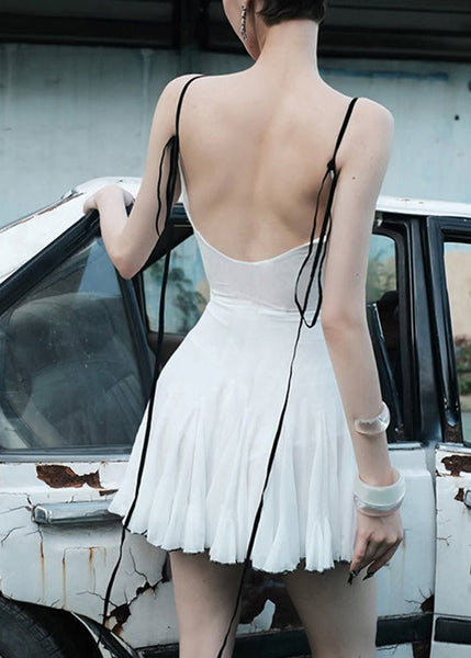 Dress Stand Italian Spaghetti Mid Tulle Strap Collar White FashionChic