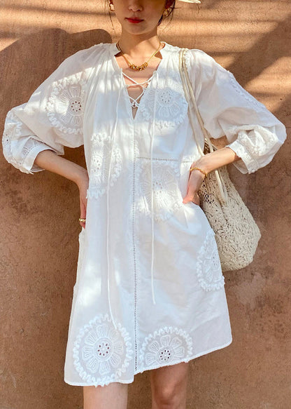 Embroidery Half White Cotton Hollow V Neck Dress Mid Out Italian FashionChic
