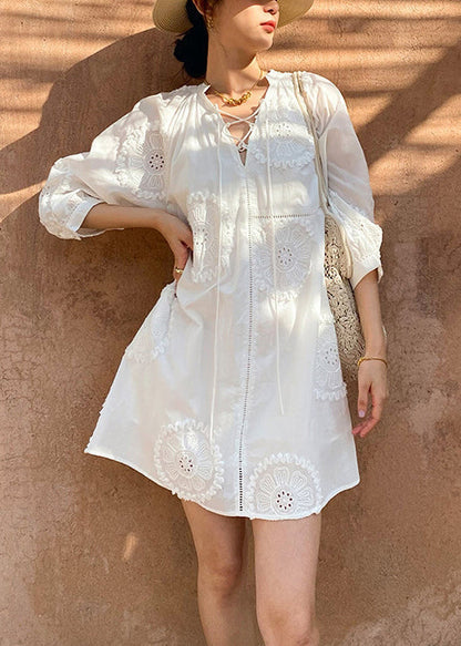 Embroidery Half White Cotton Hollow V Neck Dress Mid Out Italian FashionChic