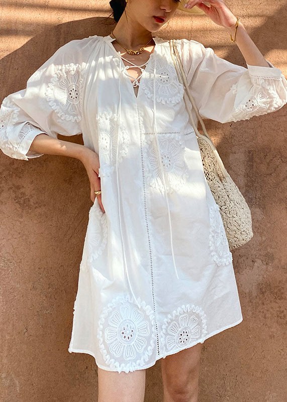 Embroidery Half White Cotton Hollow V Neck Dress Mid Out Italian FashionChic