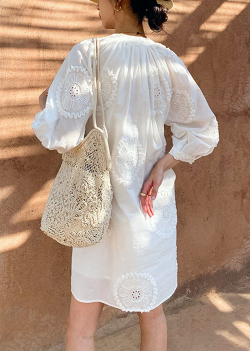 Embroidery Half White Cotton Hollow V Neck Dress Mid Out Italian FashionChic