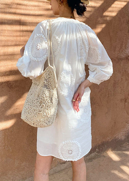 Embroidery Half White Cotton Hollow V Neck Dress Mid Out Italian FashionChic