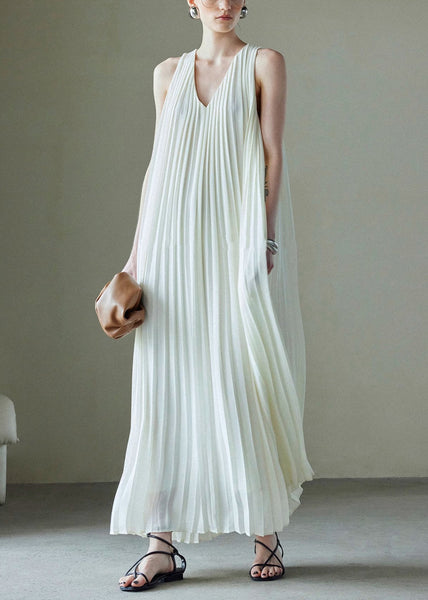 Italian Wrinkled Dresses White V Neck Solid Maxi Chiffon FashionChic