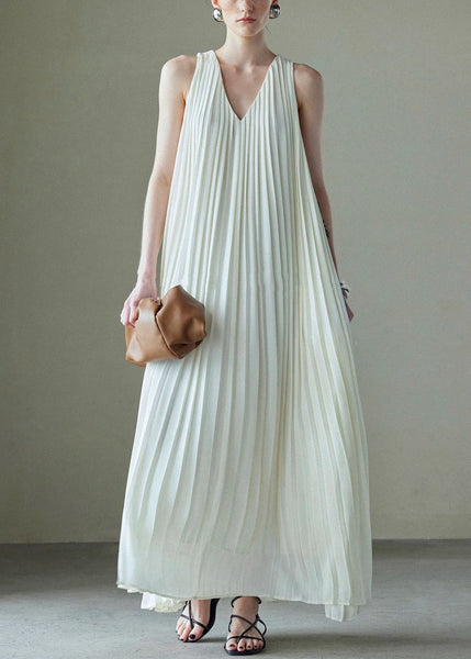 Italian Wrinkled Dresses White V Neck Solid Maxi Chiffon FashionChic