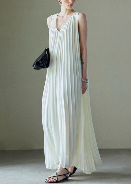 Italian Wrinkled Dresses White V Neck Solid Maxi Chiffon FashionChic