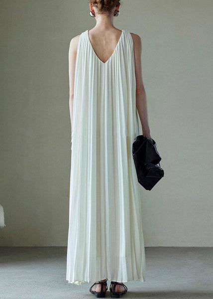 Italian Wrinkled Dresses White V Neck Solid Maxi Chiffon FashionChic