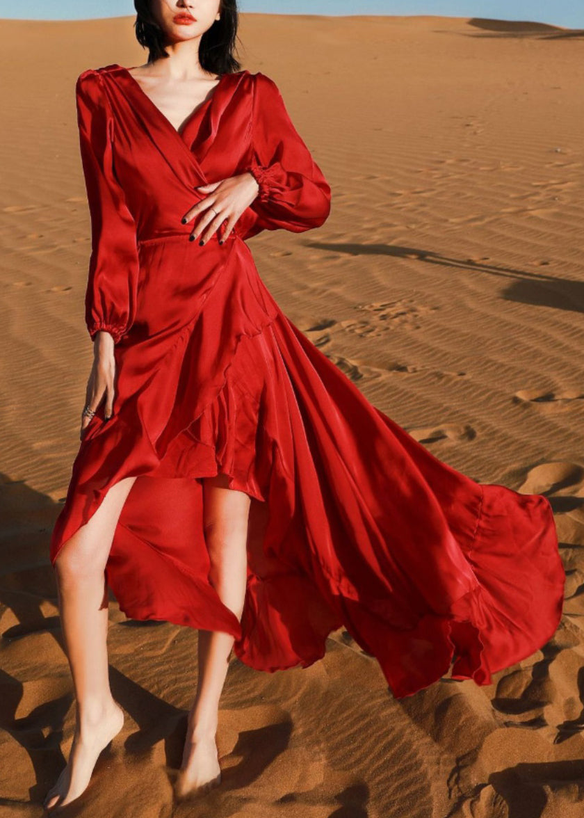 High Robe Italian Fall Wine V Dresses Neck Low Red Cotton Design FashionChic