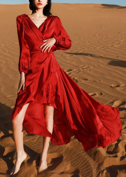 High Robe Italian Fall Wine V Dresses Neck Low Red Cotton Design FashionChic